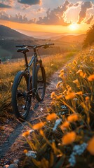 Scenic Sunrise Bicycle Trail in Mountainous Landscape Product Showcase Concept with Copy Space