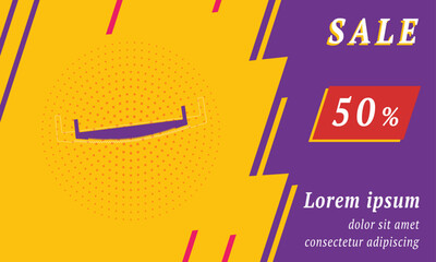Poster - Sale promotion banner with place for your text. On the left is the two-handed saw. Promotional text with discount percentage on the right side. Vector illustration on yellow background