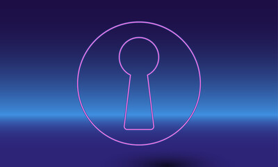 Poster - Neon keyhole symbol on a gradient blue background. The isolated symbol is located in the bottom center. Gradient blue with light blue skyline