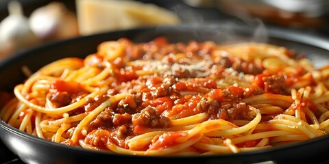 Wall Mural - Pan of spaghetti bolognese ready to be served with meat sauce. Concept Food Photography, Italian Cuisine, Spaghetti Bolognese, Meat Sauce, Home Cooking