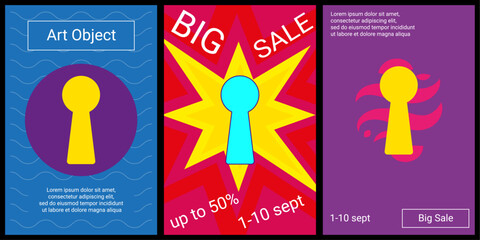 Poster - Trendy retro posters for organizing sales and other events. Large keyhole symbol in the center of each poster. Vector illustration on black background