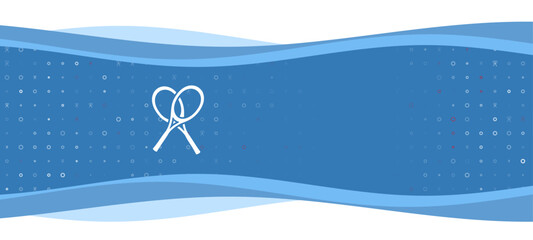Poster - Blue wavy banner with a white crossed tennis rackets symbol on the left. On the background there are small white shapes, some are highlighted in red. There is an empty space for text on the right side