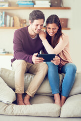 Poster - Happy, couple and relax on sofa with tablet for social media, news or streaming video together. Digital technology, man and woman in living room for online shopping or reading blog on app in home