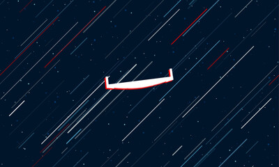 Poster - Large white two-handed saw framed in red in the center. The effect of flying through the stars. Vector illustration on a dark blue background with stars and slanted lines