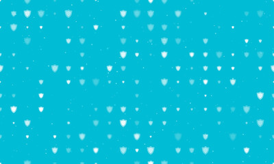 Poster - Seamless background pattern of evenly spaced white shield symbols of different sizes and opacity. Vector illustration on cyan background with stars