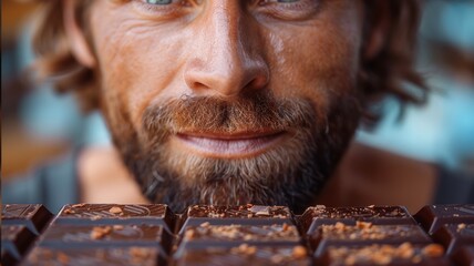 Wall Mural - man holding a chocolate bar very close shot 