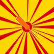 A screwdriver symbol on a background of red flash explosion radial lines. The large orange symbol is located in the center of the sun, symbolizing the sunrise. Vector illustration on yellow background