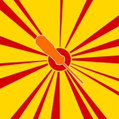 Poster - A screwdriver symbol on a background of red flash explosion radial lines. The large orange symbol is located in the center of the sun, symbolizing the sunrise. Vector illustration on yellow background
