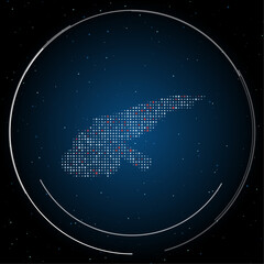 Poster - The angle grinder symbol filled with white dots. Pointillism style. Some dots is red. Vector illustration on blue background with stars