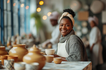 Senior black woman at pottery studio makes ceramic from clay. African american old retired at craft workshop lifestyle. Active elderly female hobby