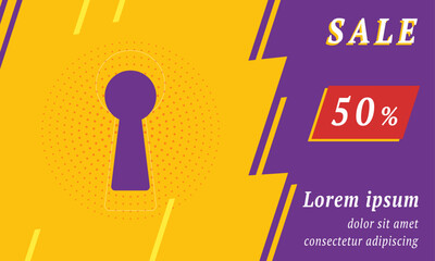 Poster - Sale promotion banner with place for your text. On the left is the keyhole symbol. Promotional text with discount percentage on the right side. Vector illustration on yellow background