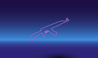 Poster - Neon assault rifle symbol on a gradient blue background. The isolated symbol is located in the bottom center. Gradient blue with light blue skyline