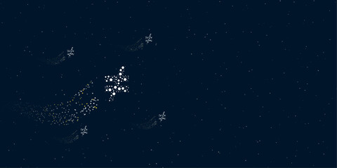 Poster - A not equal symbol filled with dots flies through the stars leaving a trail behind. Four small symbols around. Empty space for text on the right. Vector illustration on dark blue background with stars