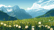 Vector illustration. View of an alpine landscape with meadows and some wild flowers in the foreground. Beautiful summer view of mountains. Forests in the Alps.