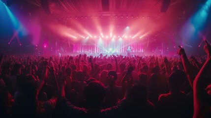 Wall Mural - A crowd of people are at a concert, with many of them holding up their hands