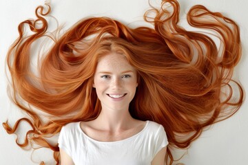 Wall Mural - Beautiful red-haired woman with luxurious healthy hair, hair care concept, white background