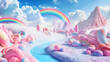 A surreal candy landscape with pink mountains rainbow and fluffy clouds under a blue sky and sugar river. Sweet wonderland kid child fantasy concept