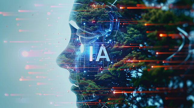 AI Illustration. Double exposure representation of Portrait of a man with AI microchip and nature. Artificial intelligence applications to conserve nature and environment.