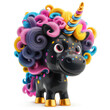 Happy smiling cheerful party black unicorn girl cartoon character in 3d design style and colorful rainbow mane curly hair. Cute fairytale fantasy animal concept