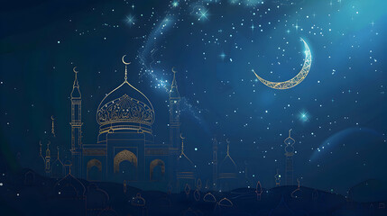 Wall Mural - Mosque with crescent moon and star Eid al adha ,eid al fitr islamic background,Generative Ai