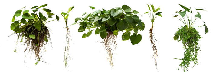set of aquatic creepers suitable for water gardens, with floating roots and leaves, isolated on tran