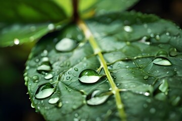 Wall Mural - A close-up of a vibrant green leaf, its surface adorned with droplets of rain