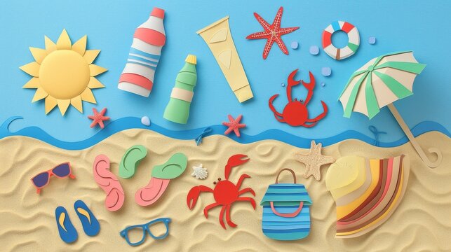 This is a beach scene made of paper. There is a red umbrella, a yellow sun, blue water, a red crab, a starfish, a beach bag, and other items.