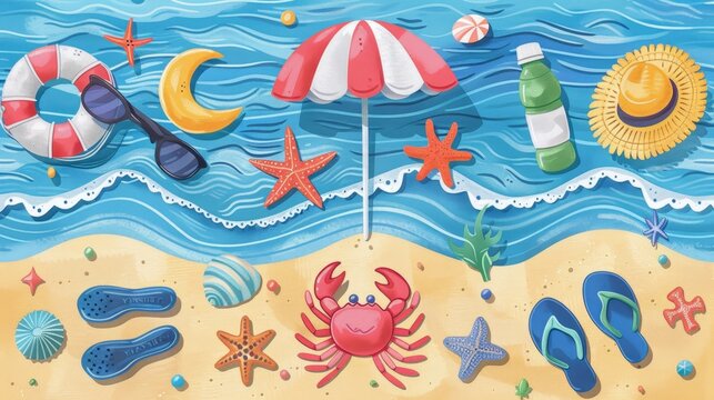 This is a beach scene made of paper. There is a red umbrella, a yellow sun, blue water, a red crab, a starfish, a beach bag, and other items.
