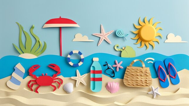 This is a beach scene made of paper. There is a red umbrella, a yellow sun, blue water, a red crab, a starfish, a beach bag, and other items.