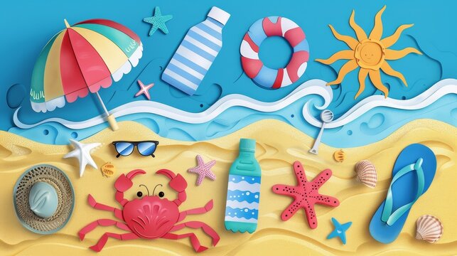 This is a beach scene made of paper. There is a blue ocean with white waves crashing on a sandy beach.