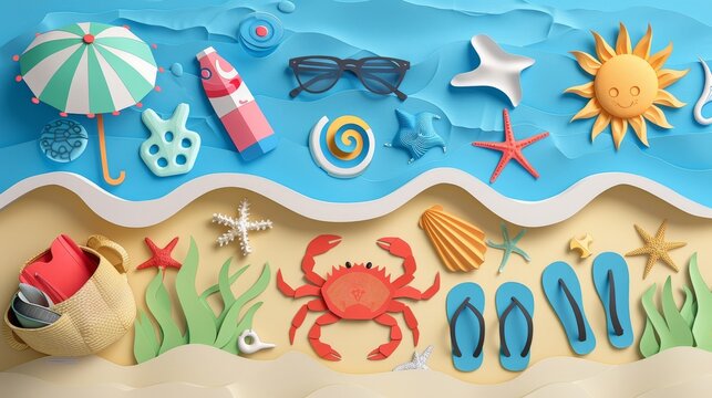 This is a beach scene. There is a blue sea with white waves, and sand that is covered in various beach items. paper cut style.