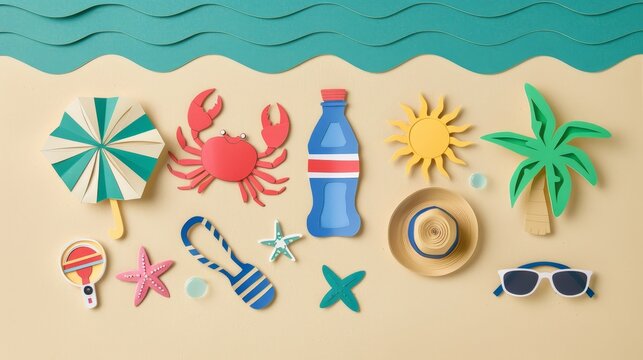 This is a beach scene. There is a blue sea with white waves, and sand that is covered in various beach items. paper cut style.
