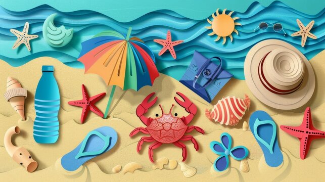 This is a beach scene. There is a blue sea with white waves, and sand that is covered in various beach items. paper cut style.