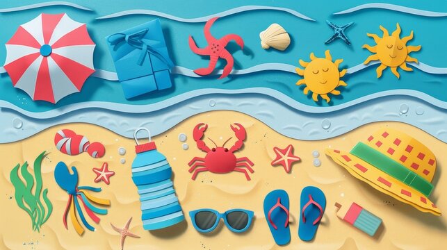 summer image of a beach scene made of paper holiday illustration background.