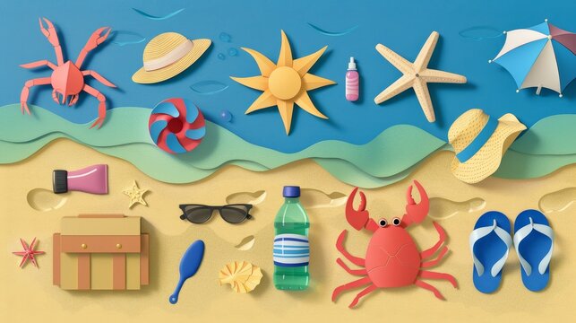summer image of a beach scene made of paper holiday illustration background.