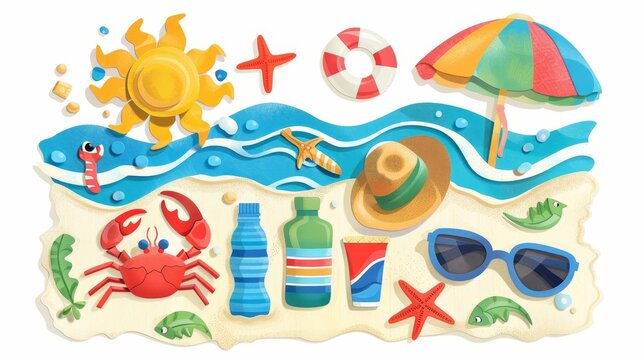 summer image of a beach scene made of paper holiday illustration background.