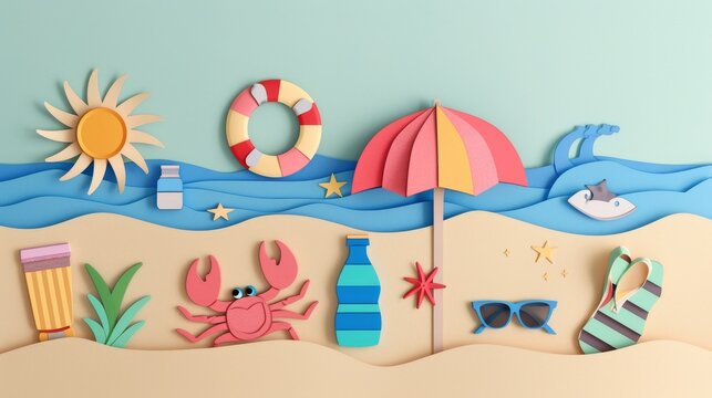 summer image of a beach scene made of paper holiday illustration background.