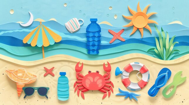 A summer image of a beach scene made of paper cut.