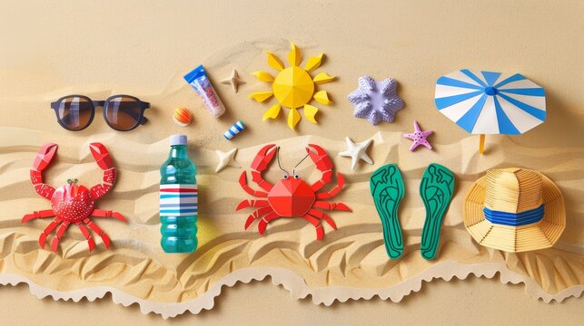 summer background with starfish and shells This is a beach scene made of paper cut.
