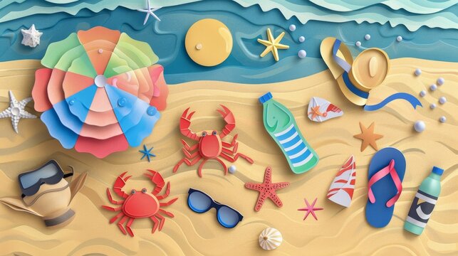 summer background with items This is a beach scene made of paper cut.