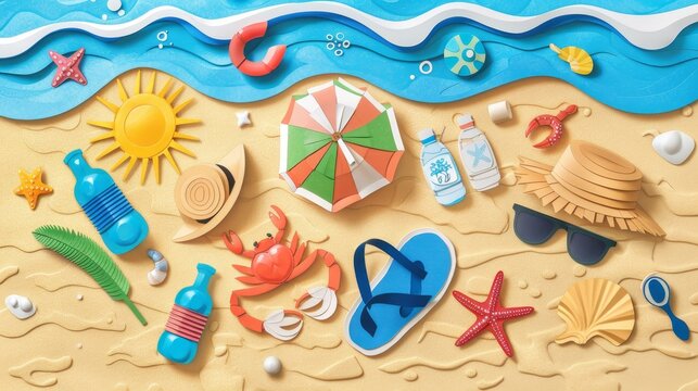 summer background with items This is a beach scene made of paper cut.