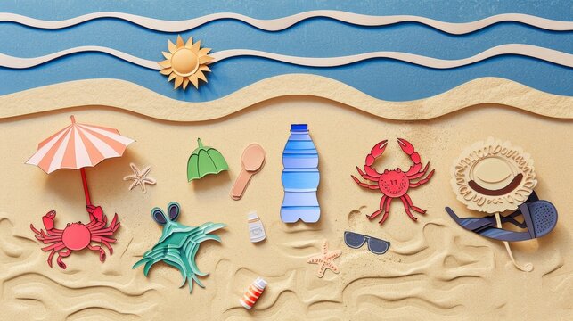 A beach scene made of paper. There is a blue sea with a yellow sun and a sandy beach with a red umbrella