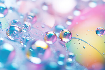 Aufkleber - Pink holographic bubbles floating on the soft colorful abstract background in beautiful vivid tones.