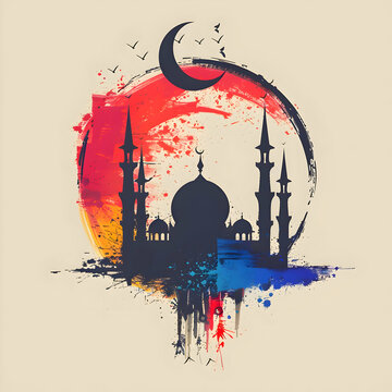 watercolor Eid al adha islamic logo t-shirt poster design.Eid al adha, eid al fitr concept illustration background,Generative Ai