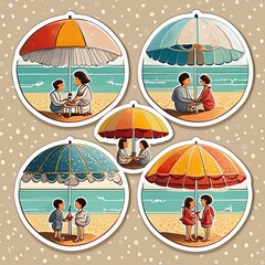 Wall Mural - Circular Beach Umbrella Stickers featuring joyful illustrations of families gathered 