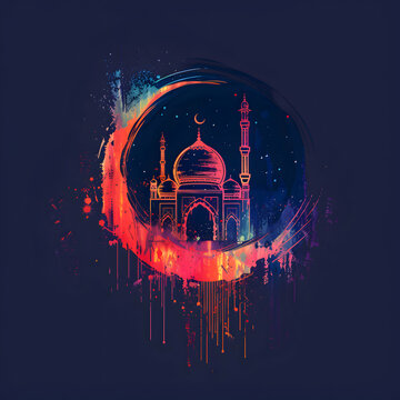 watercolor Eid al adha islamic logo t-shirt poster design.Eid al adha, eid al fitr concept illustration background,Generative Ai