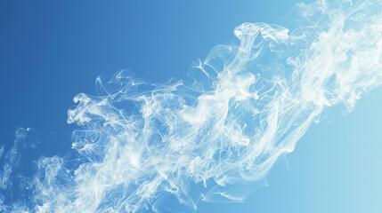 Wispy trails of smoke in frosty blue and white, mimicking the chilly air of winter mornings, set against a clear sky-blue background.