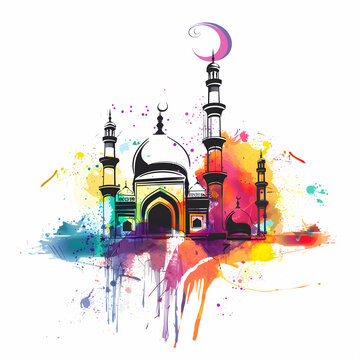 watercolor Eid al adha islamic logo t-shirt poster design.Eid al adha, eid al fitr concept illustration background,Generative Ai