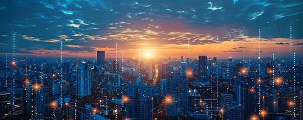 Poster - Smart City Skyline Illuminated at Sunset Showcasing Digital Infrastructure and Futuristic Urban Landscape