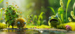 Cute green bacterial characters with large expressive eyes against a backdrop of lush grass and water